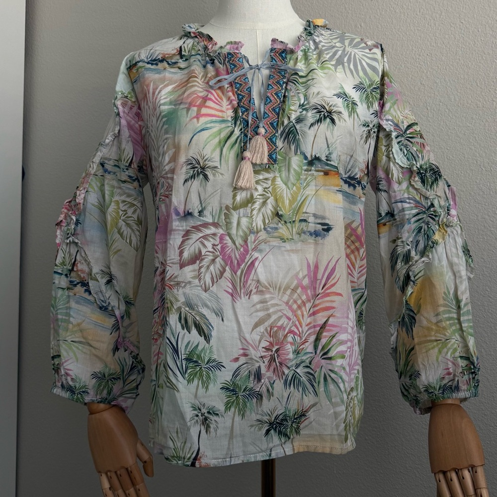 Johnny Was Boho Tropical Print Tie-Neck Women's Blouse Medium 100% Cotton